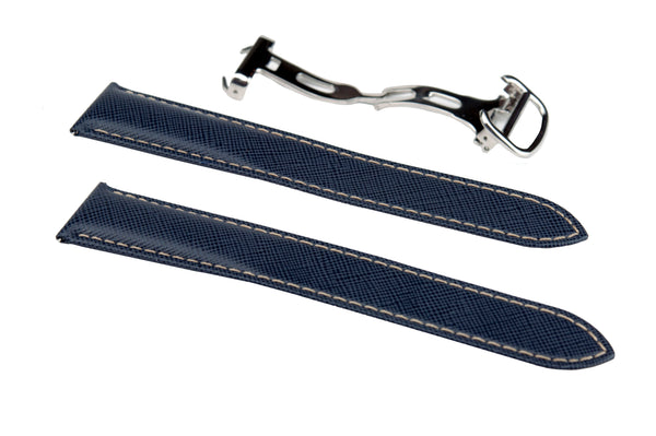 Baltic Blue Saffiano Leather Strap With Deployant Clasp