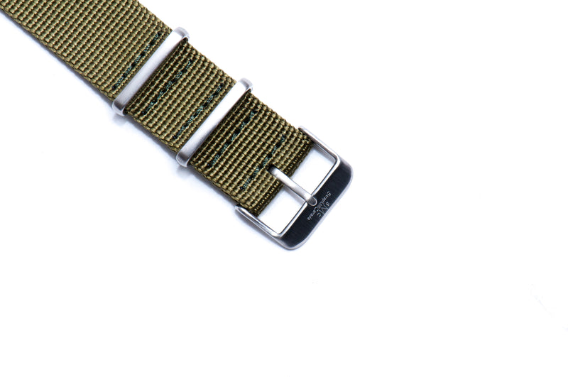 Strap Mill Canada Army Green cross stitched nato watch strap with brushed buckle.