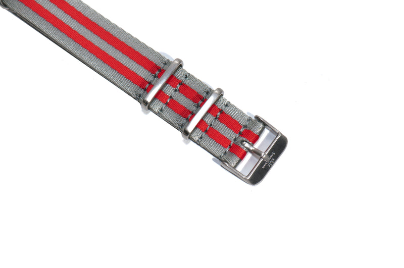 22mm Cobra Red Silver Stripe Thin Seatbelt Nylon Watch Strap (Classic Length)